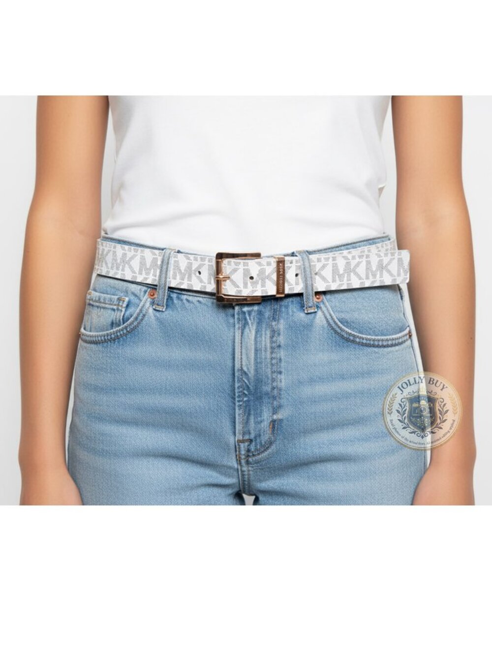 Michael Kors Women’s Belt Logo Monogram Cream Faux Leather Gold-Tone Buckle XL